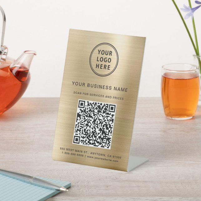 Business Logo Scan Me QR Code Gold Pedestal Sign (In SItu)