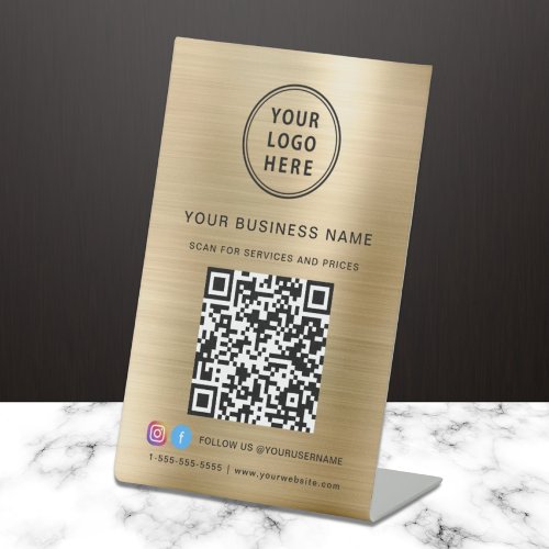 Business Logo Scan Me QR Code Social Media Gold Pedestal Sign