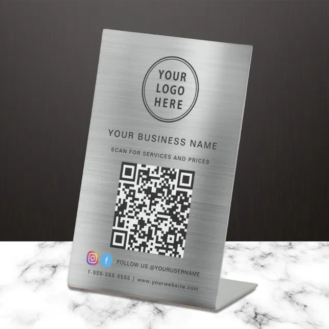 Silver Qr Code Logo Business Logo Scan Me QR Code Social Media Silver Pedestal Sign | Zazzle