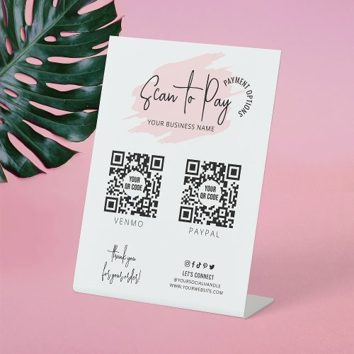 Business Logo Scan To Pay 2 QR Codes Blush Pink Pedestal Sign