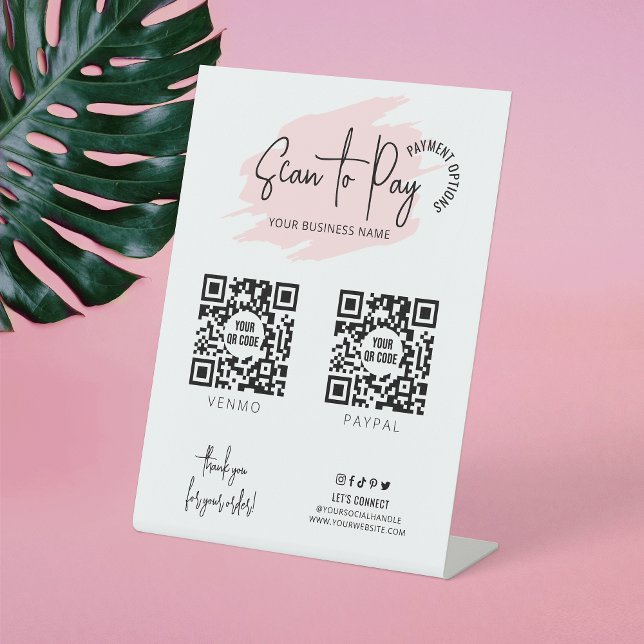 Business Logo Scan To Pay 2 QR Codes Blush Pink Pedestal Sign (Make modern payment signs for your business with this blush pink watercolor pedestal sign design)