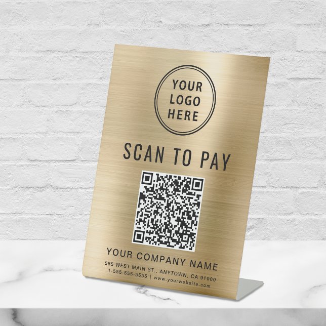 Business Logo Scan to Pay QR Code Gold Pedestal Sign (Creator Uploaded)