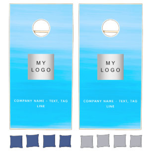 Business logo sea blue white text cornhole set