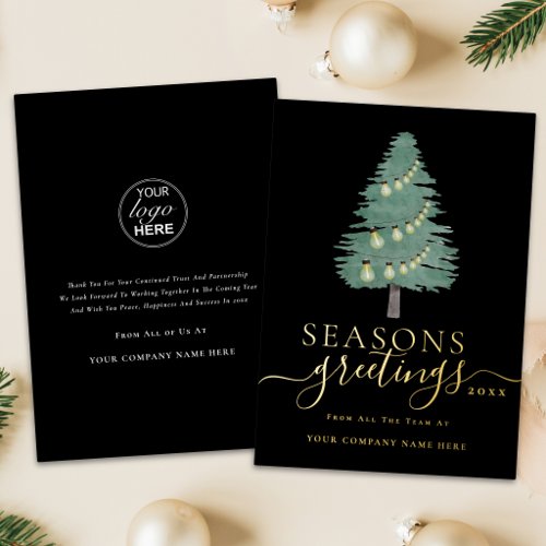 Business Logo Seasons Greetings Xmas Tree Gold Foil Holiday Card