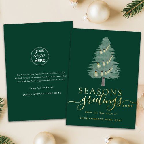 Business Logo Seasons Greetings Xmas Tree Gold Foil Holiday Card
