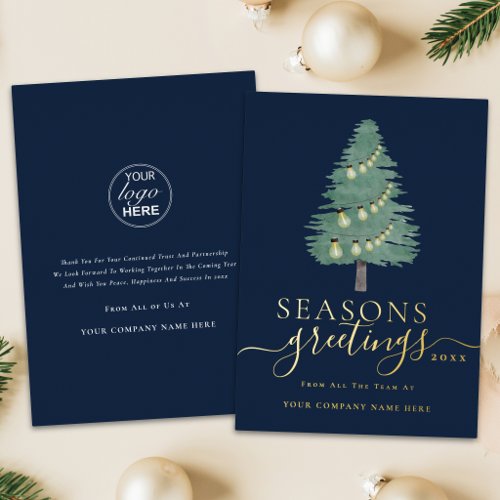 Business Logo Seasons Greetings Xmas Tree Gold Foil Holiday Card