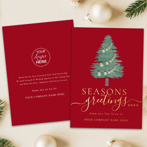 Business Logo Seasons Greetings Xmas Tree Red Gold Foil Holiday Card