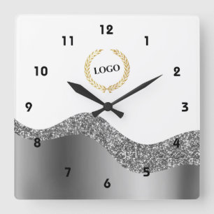 Business Logo Silver Wave Square Wall Clock