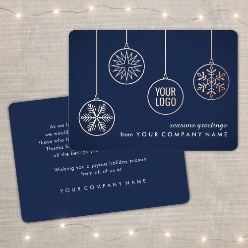 Business Logo Snowflake Ornaments Navy Blue  Real Foil Holiday Card