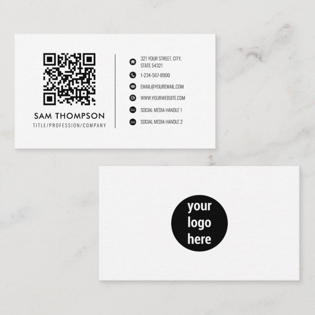 Business Logo Social Media Icons QR Code Simple Card (Front/Back)