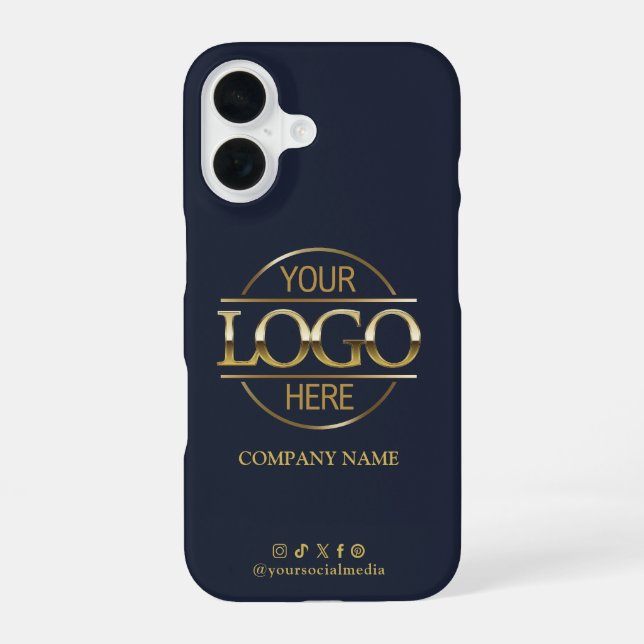 Business Logo & Social Media Navy Blue Promotional iPhone Case (Back)