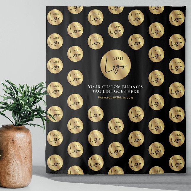 Business Logo Step & Repeat Black Gold Corporate Tapestry (Modern black step and repeat business logo backdrop tapestry)