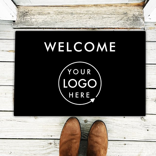Business Logo | Stylish Black Modern Professional Doormat (Sleek black company branded welcome doormat for small business premises promotion & store entrances.)