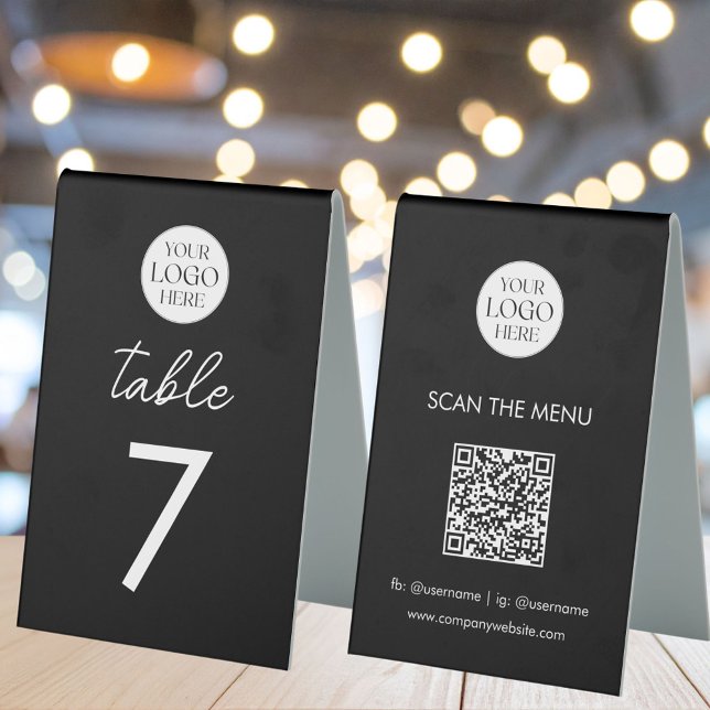 Business Logo Table Number Menu QR Code Modern Tent (In situ)