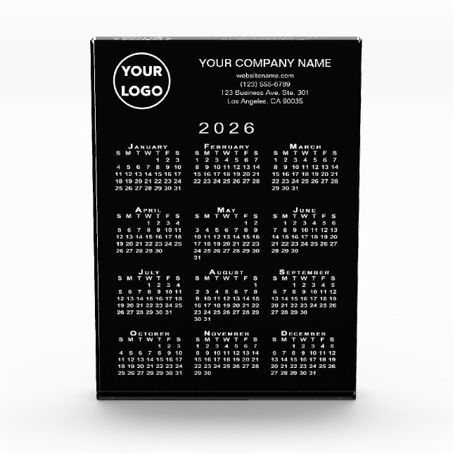 Business Logo Text 2026 Calendar Black Desktop Acrylic Award (Front)