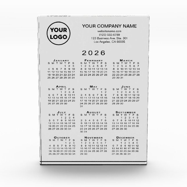 Business Logo Text 2026 Calendar Gray Desktop Acrylic Award (Front)