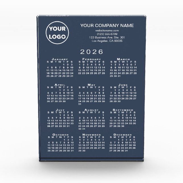 Business Logo Text 2026 Calendar Navy Blue Desktop Acrylic Award (Front)
