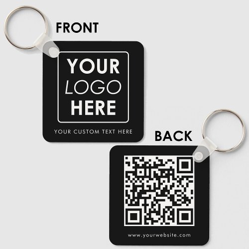 Business Logo Text QR Code Double Sided Black Keychain