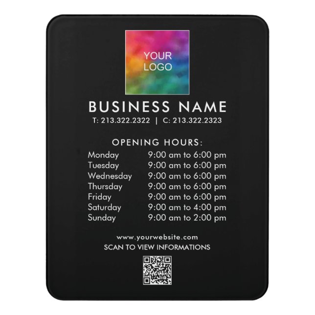 Business Logo Text QR Code Template Opening Hours Door Sign (Contemporary Vert)