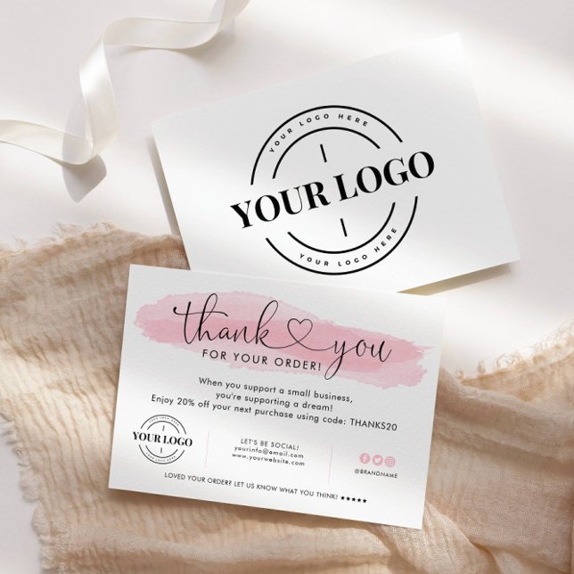 Business Logo Thank You Blush Pink Script Heart Card (Creator Uploaded)