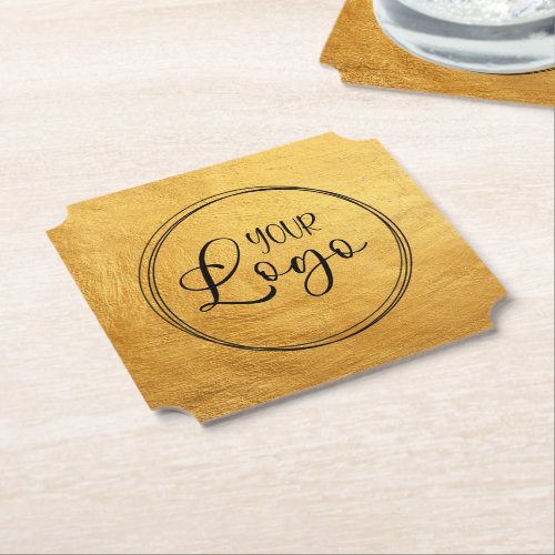 Business Logo Warm Gold Painted Look Paper Coaster