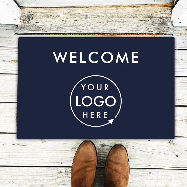 Business Logo | Welcome Modern Navy Blue Corporate Doormat (Navy blue company branded welcome doormat for small business premises promotion & store entrances.)