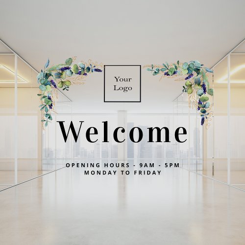 Business logo welcome opening hours eucalyptus window cling