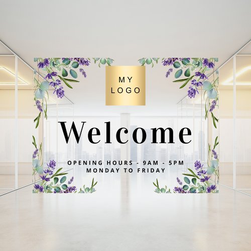 Business logo welcome opening hours lavender window cling