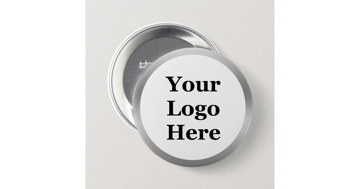 Look Button Business Logo White and Silver Brushed Metal Look Button | Zazzle