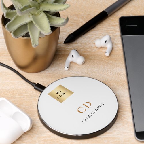 Business logo white gold monogram initials name wireless charger 