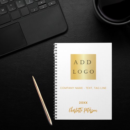 Business logo white gold name script notebook