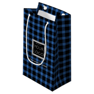 Business Logo With Name Promotional Blue Plaid Small Gift Bag