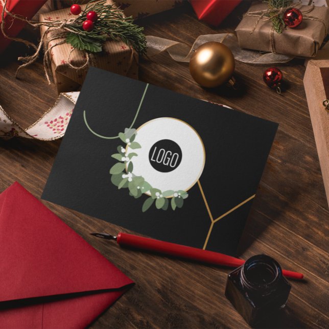 Business Logo Wreath Happy Holidays Modern Joy Holiday Card (Modern JOY Corporate Holiday greeting folded card with logo and message.)