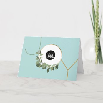 Business Logo Wreath Teal Blue Green Modern Joy Holiday Card by Lorena_Depante at Zazzle