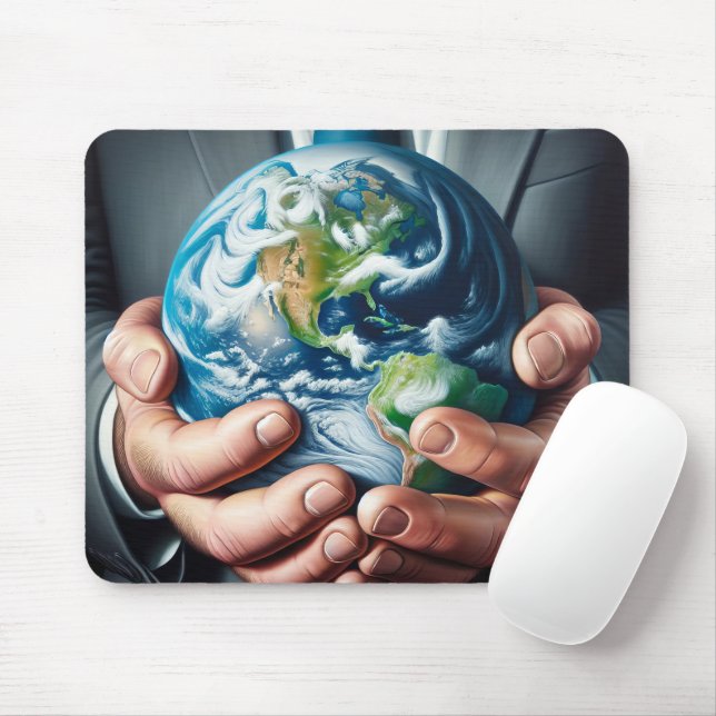 Business Man Holding Planet Earth Mouse Pad (With Mouse)