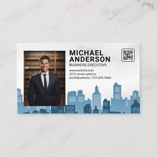 Business Man in Suit | City Skyline Business Card (Front)