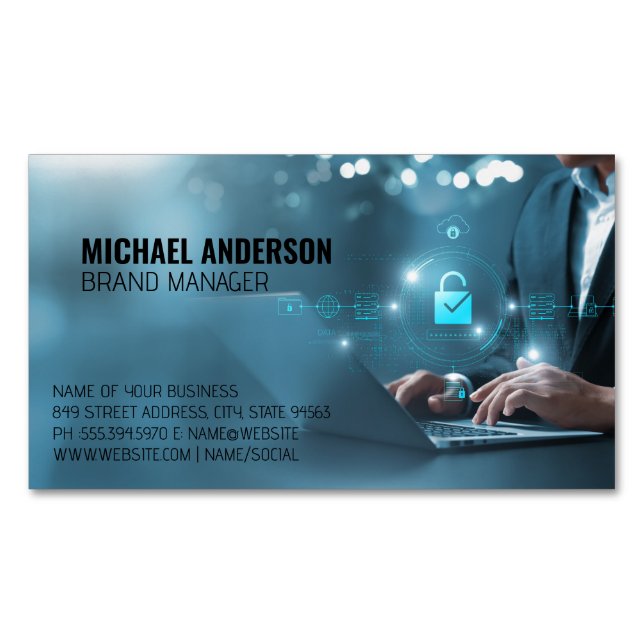 Business Man on Computer | Data Business Card Magnet (Front)