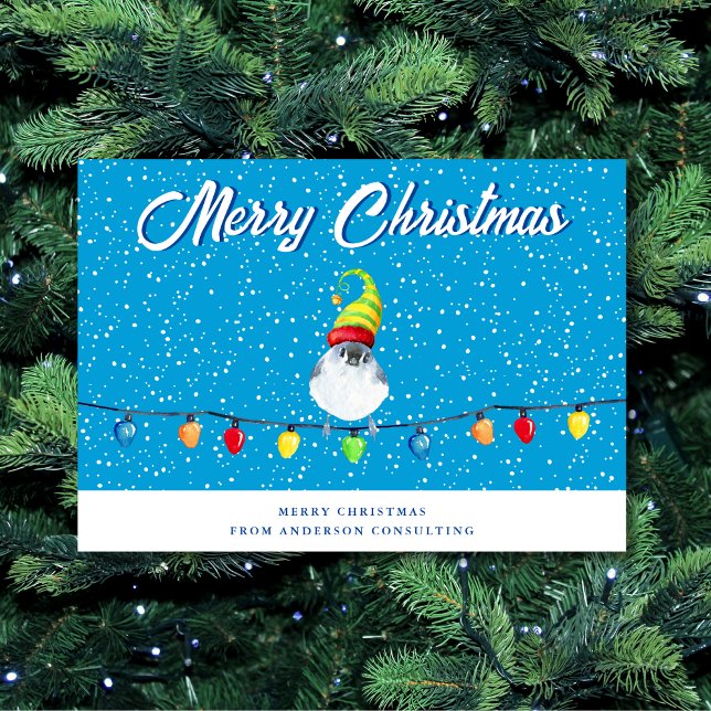 Business Merry Christmas Holiday Lights Snowy Bird Card (Creator Uploaded)