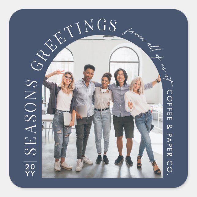 Business Modern Arch Photo Christmas navy blue Square Sticker (Front)