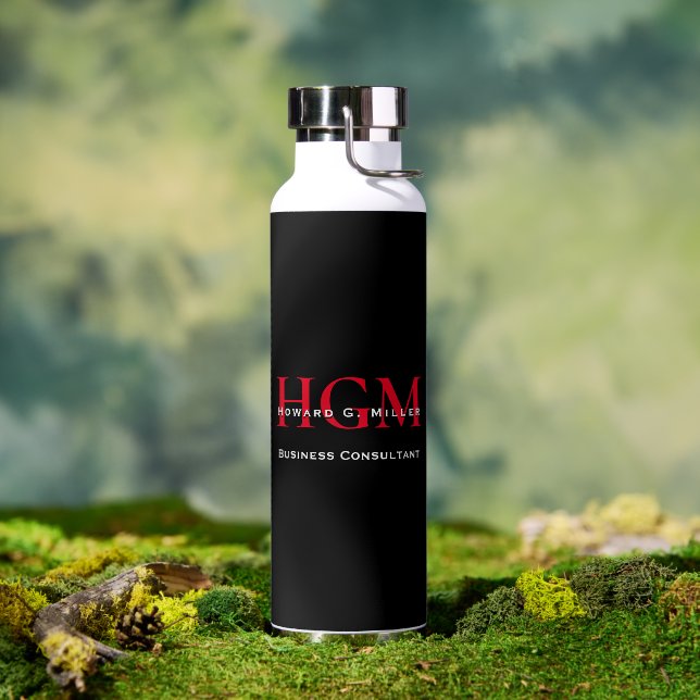 Business Modern Black Red 3 Letter Monogram Logo Water Bottle (Outdoor)