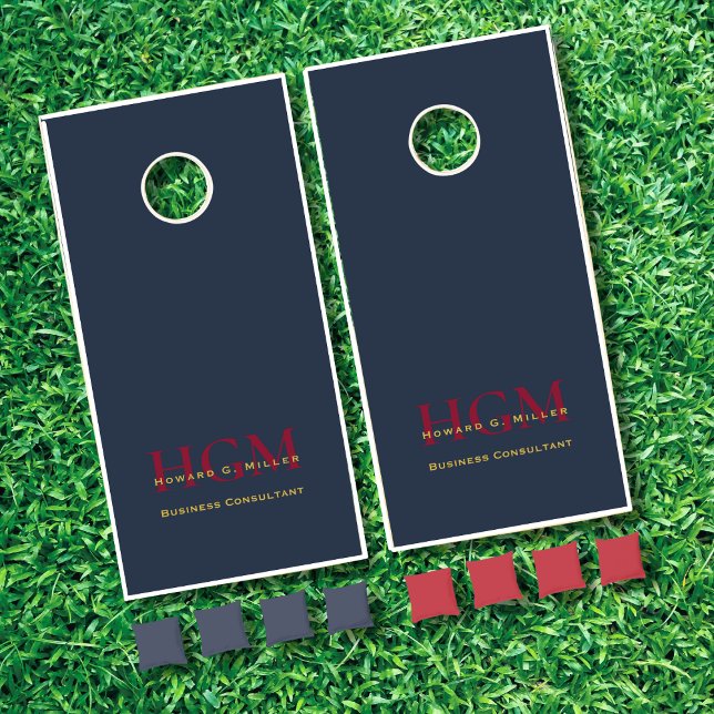 Business Modern Blue Red Gold Monogram Logo Cornhole Set (Creator Uploaded)