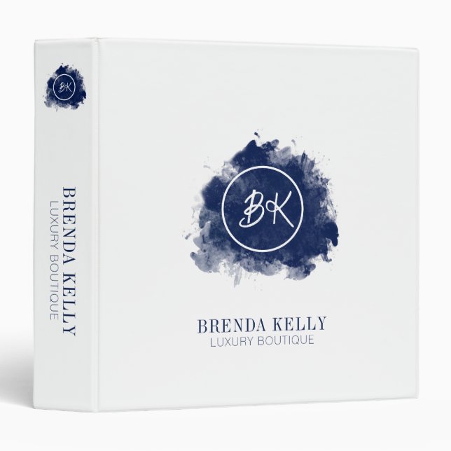 Business Modern Chic Monogram Navy & White QR Code 3 Ring Binder (Front/Spine)