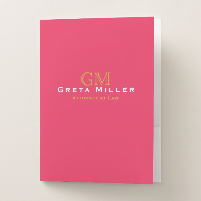Business Modern Hot Pink Gold Monogram Pocket Folder (Front)