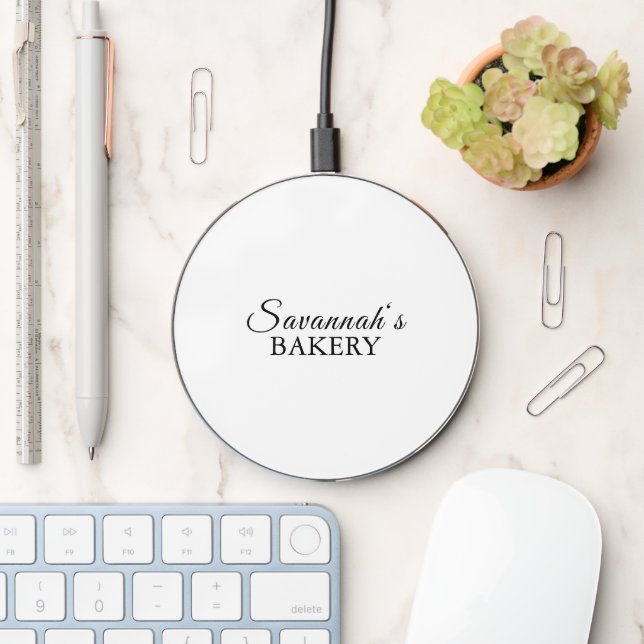 Business monogram black white script name elegant wireless charger  (Desk)