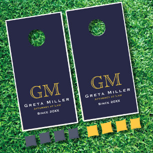 Business Monogram Logo Elegant Simple Gold Navy Cornhole Set