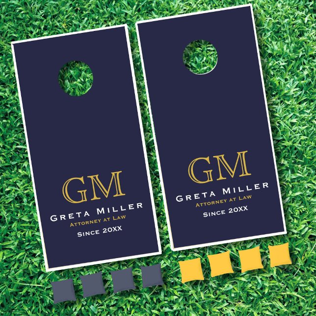Business Monogram Logo Elegant Simple Gold Navy Cornhole Set (Creator Uploaded)