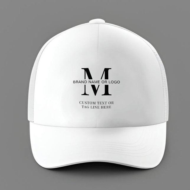 Business Monogram Logo Minimalist Promotional Trucker Hat (Minimalist black and white business monogram or logo branded trucker hat)