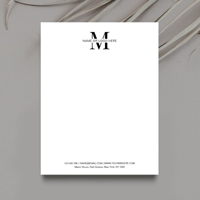Business Monogram or Logo Minimalist Black & White Letterhead (Simple, yet elegant, business letterhead design with space for your monogram and contact details)
