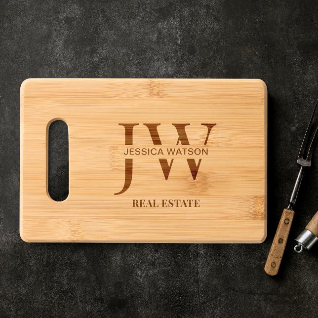 Business Monogram Promotional Branded Wooden Engraved Cutting Board (Modern business monogram or logo wooden chopping board, perfect to use as a branded gift for clients)