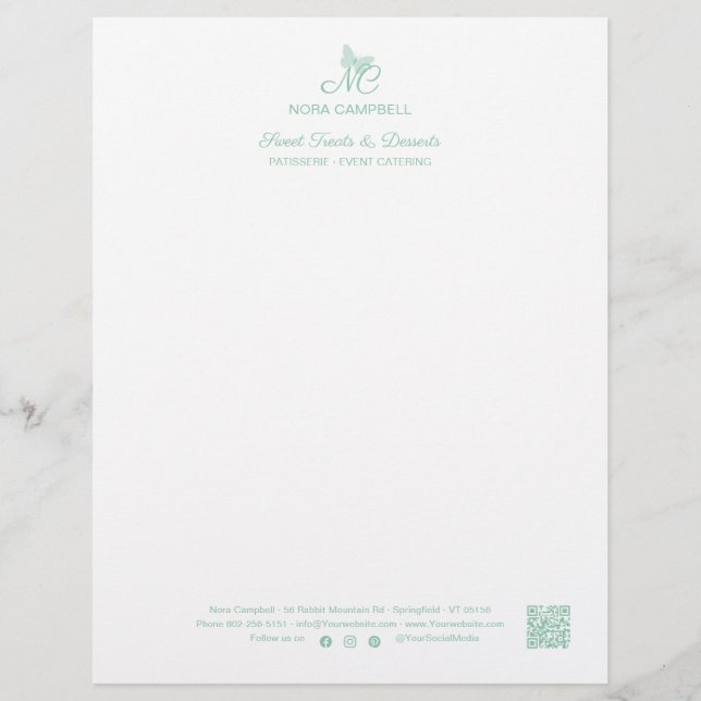 Business Monogram QR Code Social Media Icons Mint Letterhead (Front)